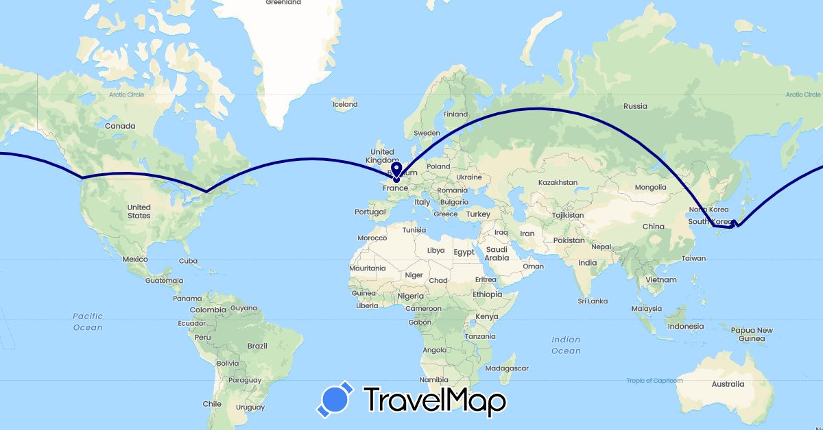TravelMap itinerary: driving in Canada, France, Japan, South Korea (Asia, Europe, North America)